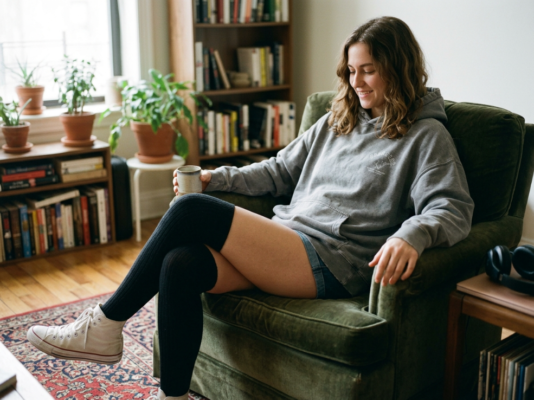 Outfit áo hoodie oversize phối cùng tất cao qua gối